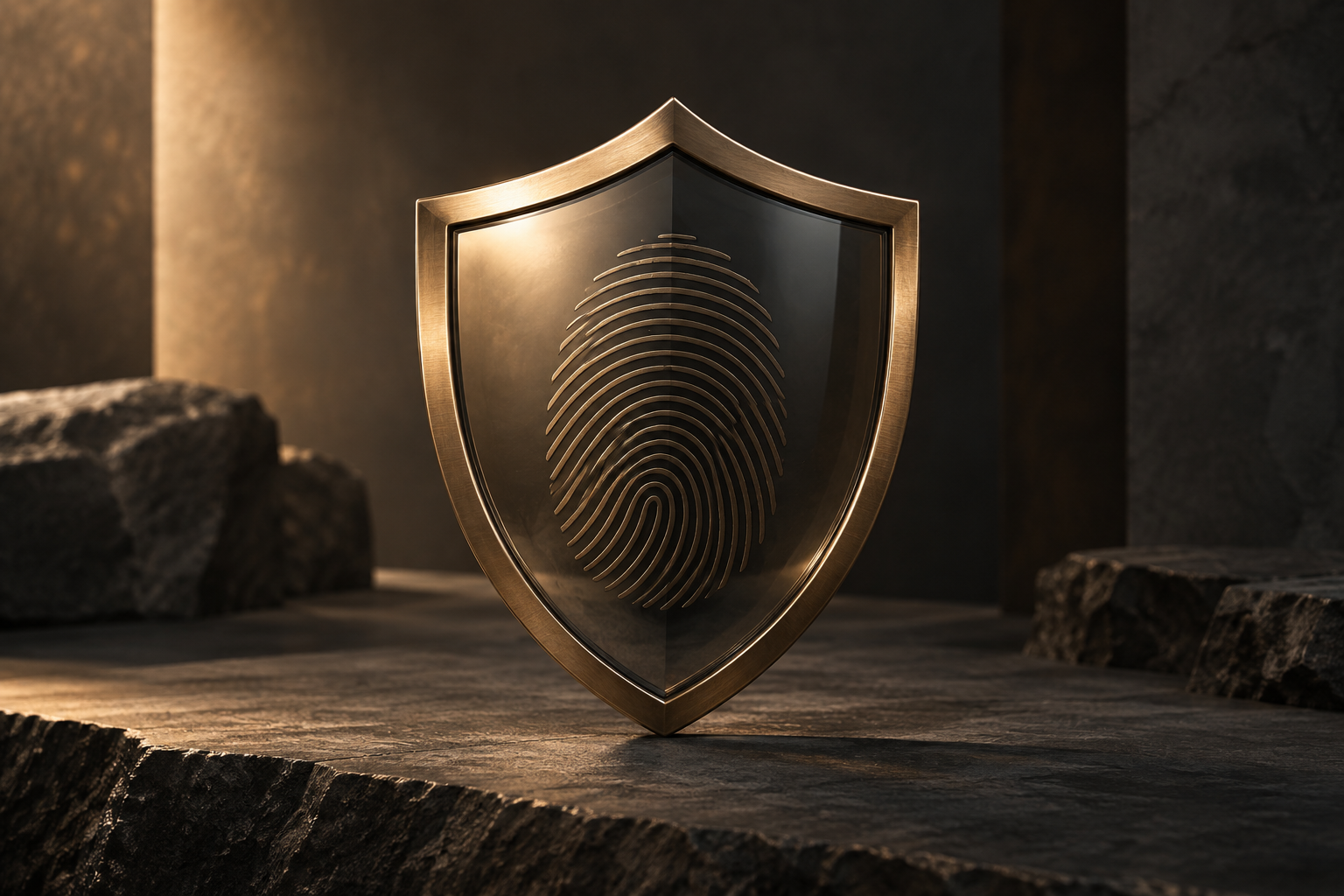 Bronze and smoked-glass shield with an engraved fingerprint